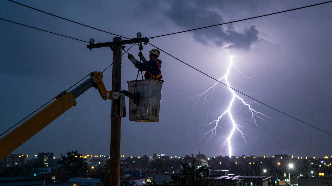 Lineman repairing power lines during a stormy night
