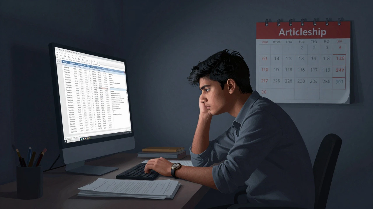 Lone CA student studying finance late at night, symbolizing isolation and discipline.