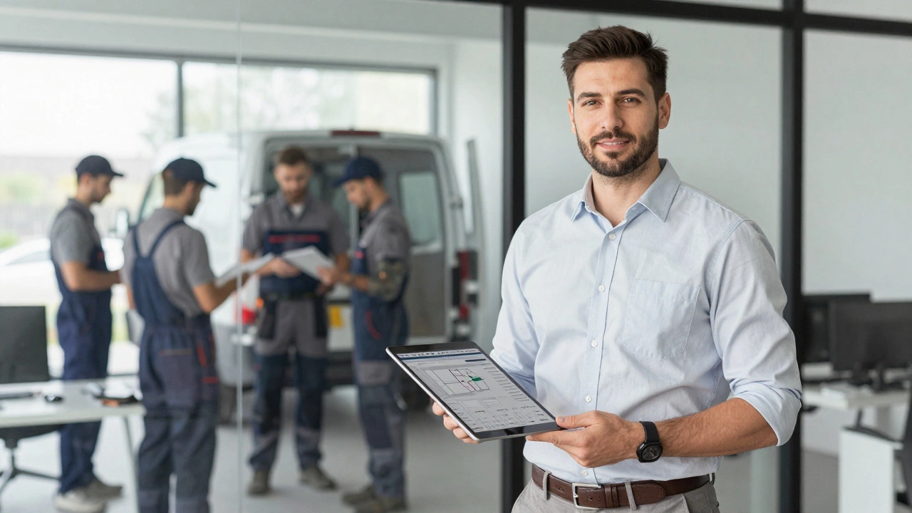 Master plumber managing business operations in a modern office