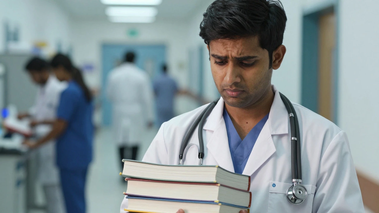 Medical student holding textbooks in a busy hospital, representing MBBS difficulty.