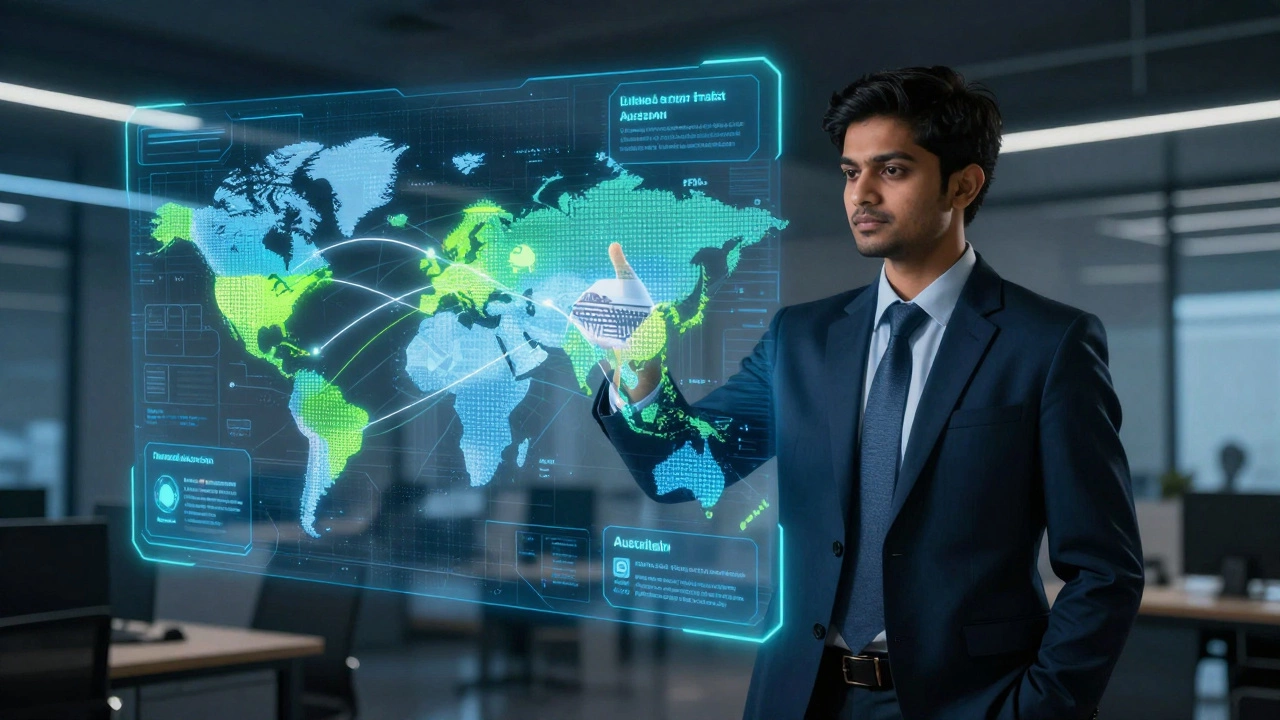 Professional using holographic tech to visualize global supply chain data