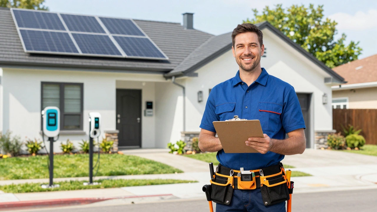 Residential electrician with tools in front of a modern home