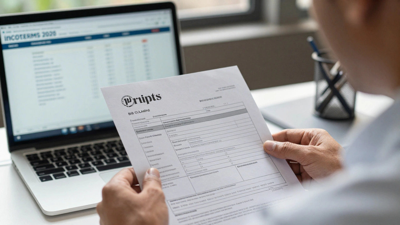 Trader reviewing export documents and Incoterms guidelines at a desk