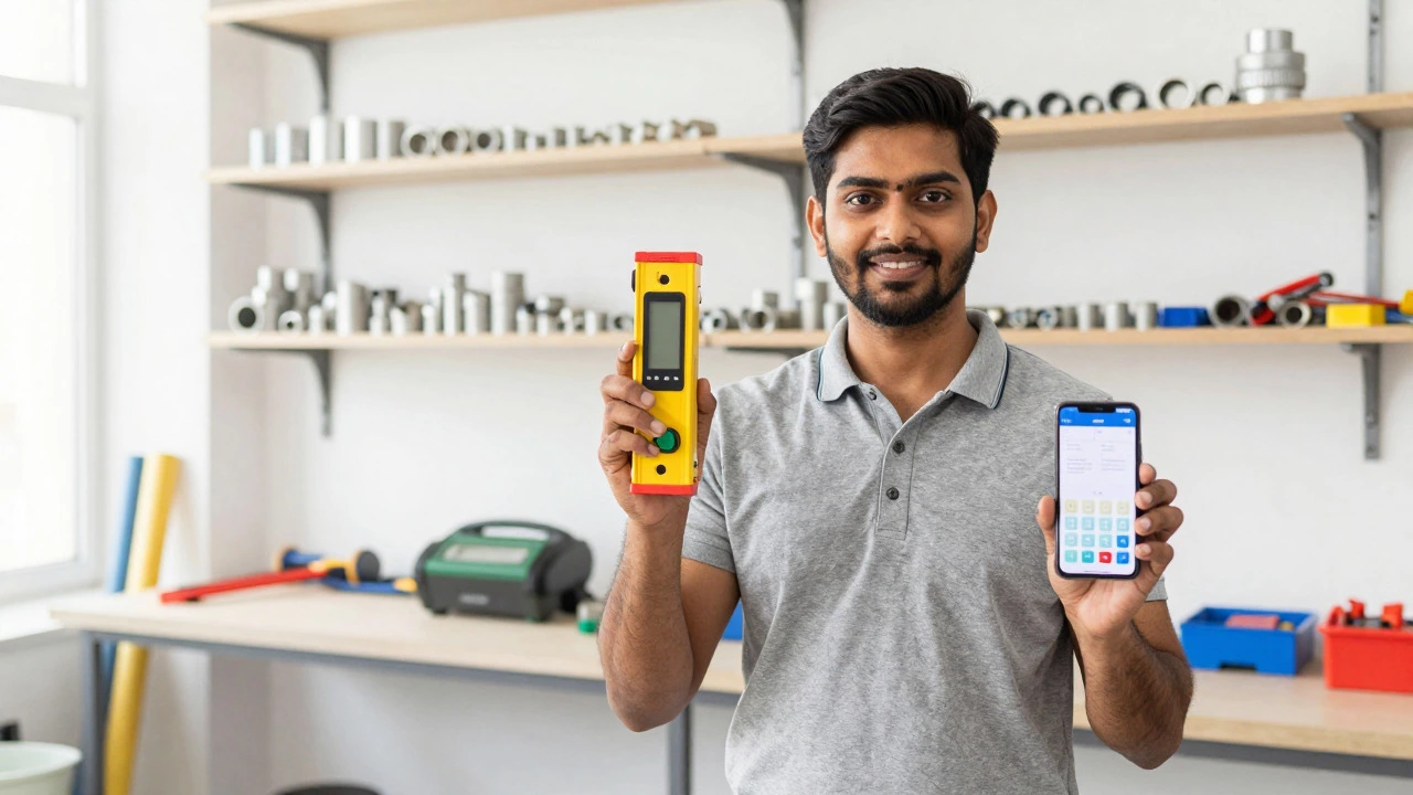 Apprentice using laser level and phone calculator in workshop