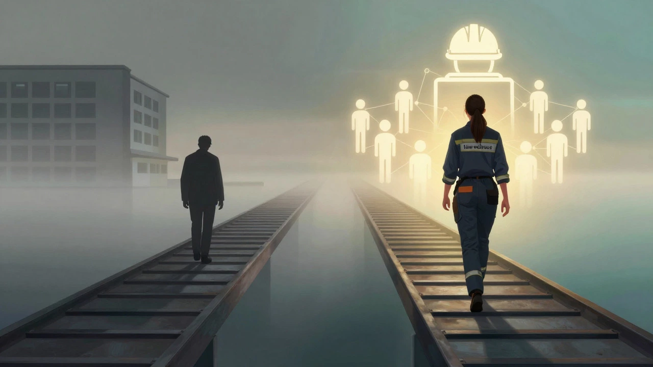 Artistic depiction of two career paths: one ending in isolation, one in leadership