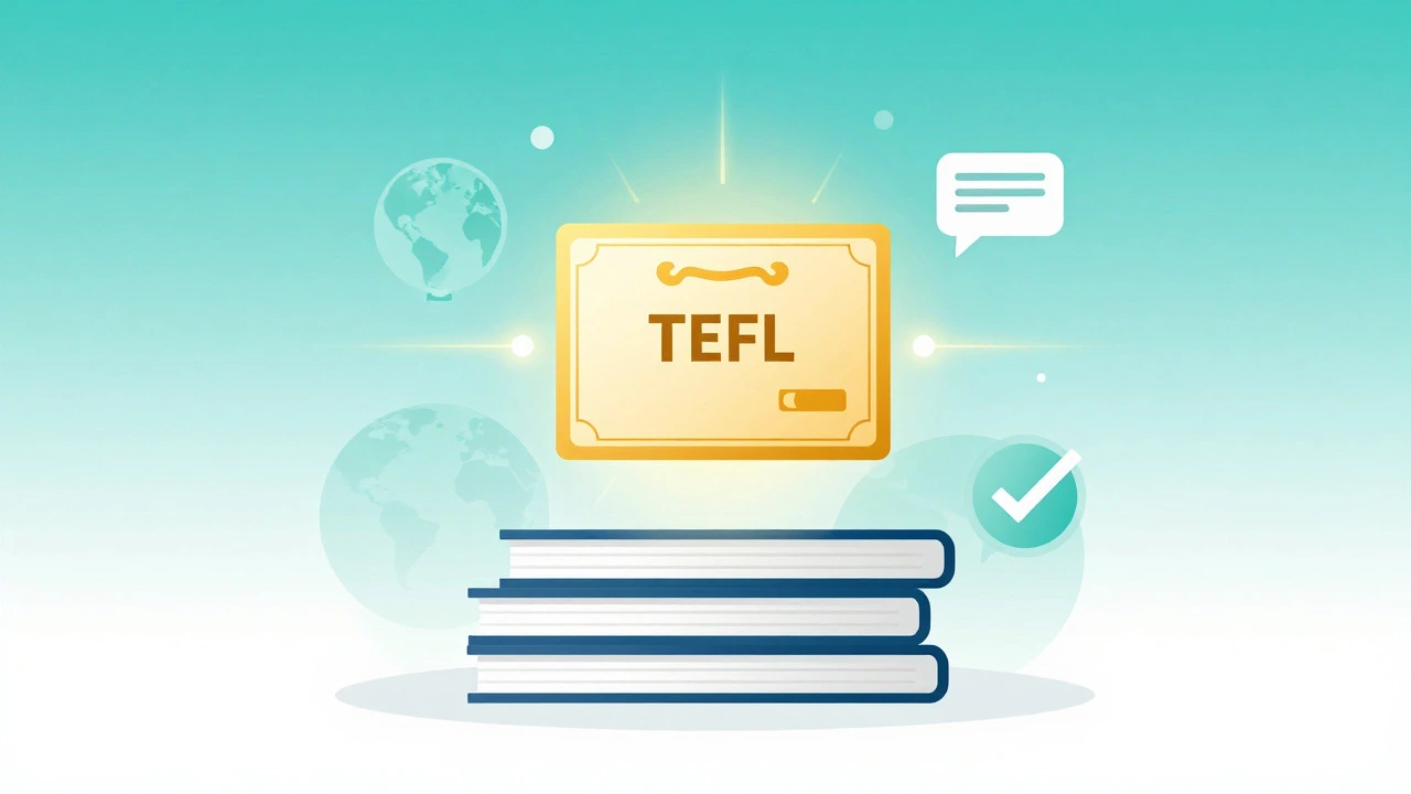 Conceptual illustration of a glowing TEFL certificate surrounded by global education icons