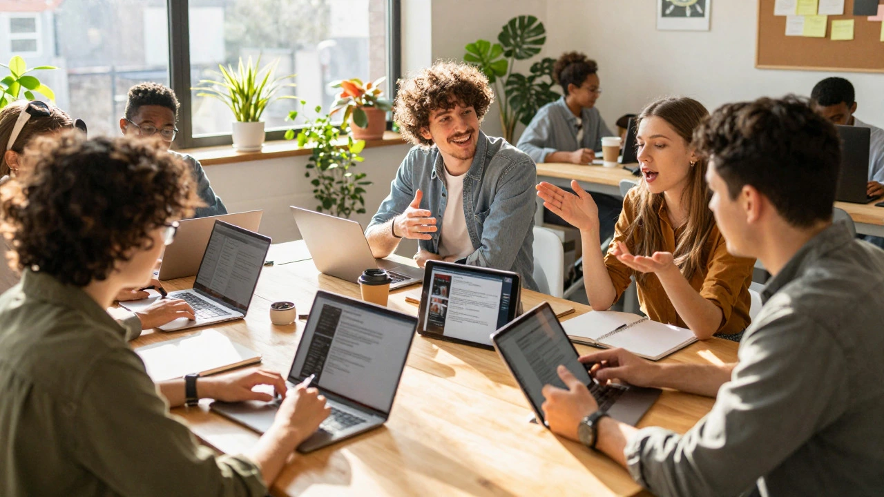Diverse group of freelancers collaborating and recording demo lessons in a sunny co-working space