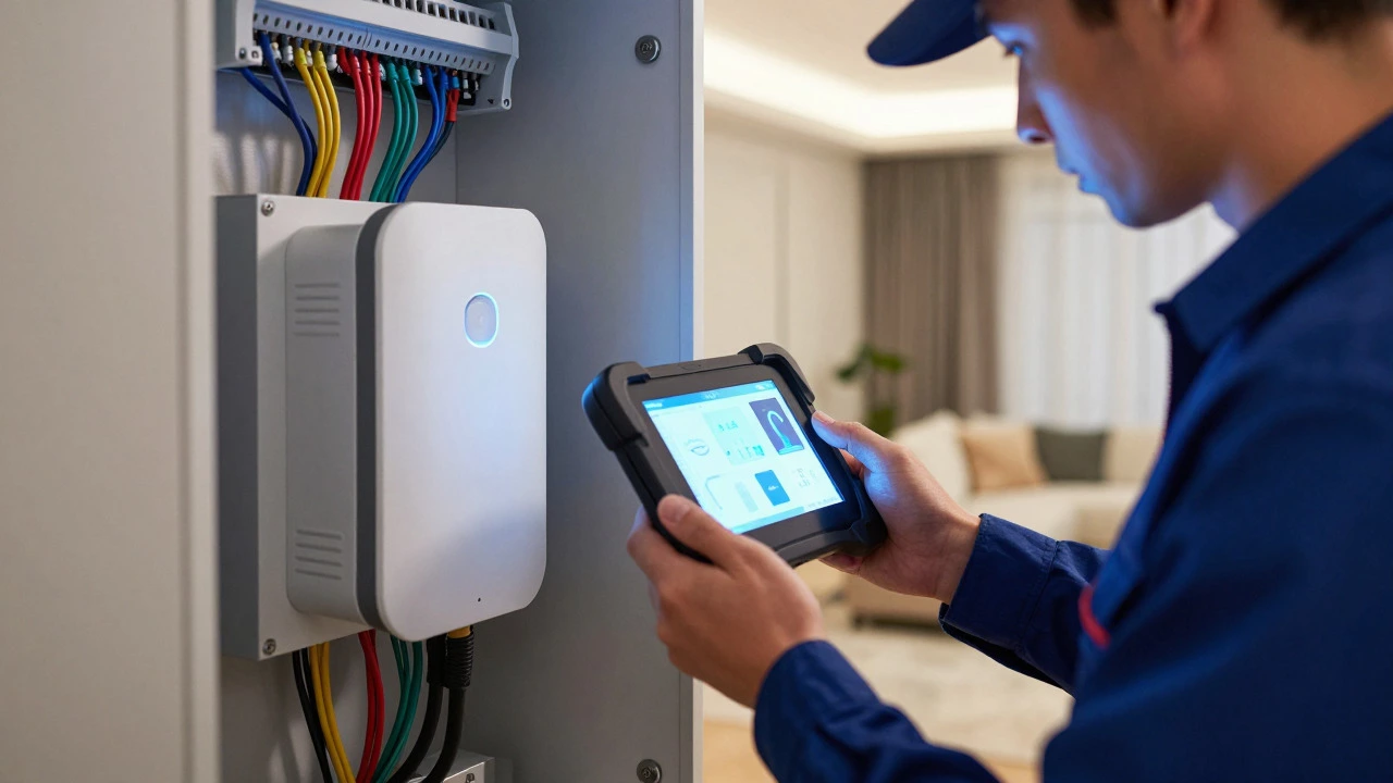 Electrician integrating an EV charging station into a smart home wall panel with diagnostic tools