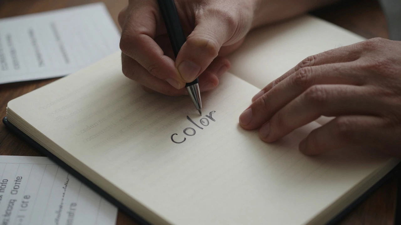 Hands writing in a notebook with ghostly overlays of different English spellings