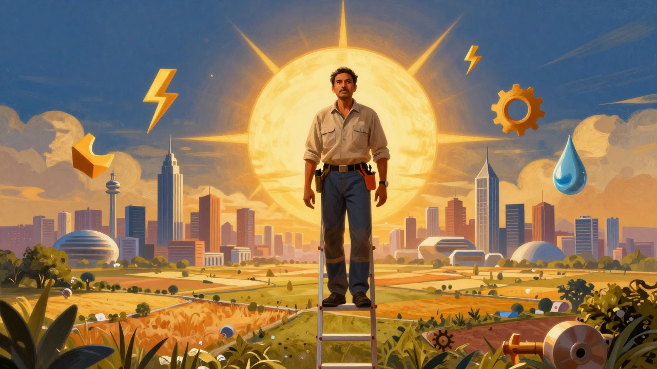 Illustration of a tradesperson ascending a ladder toward a sunrise, symbolizing career growth and stability