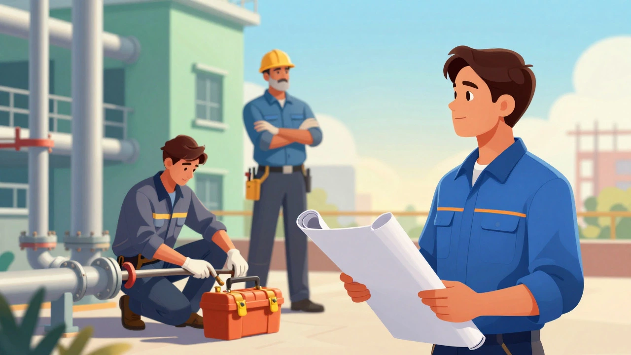 Illustration showing plumbing career progression from apprentice to master