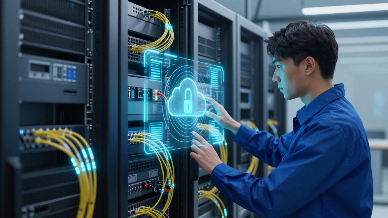 IT technician managing servers and network security systems