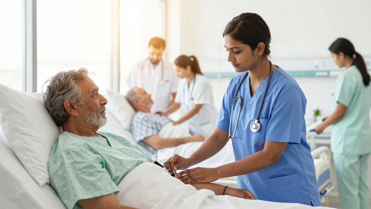 Nurse caring for an elderly patient in a sunny hospital