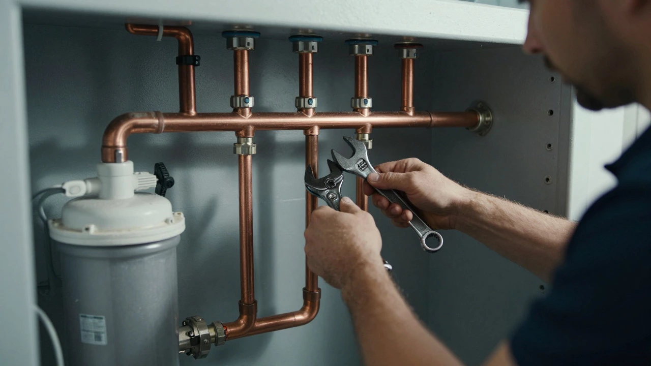 Plumber repairing complex copper pipes in a utility room