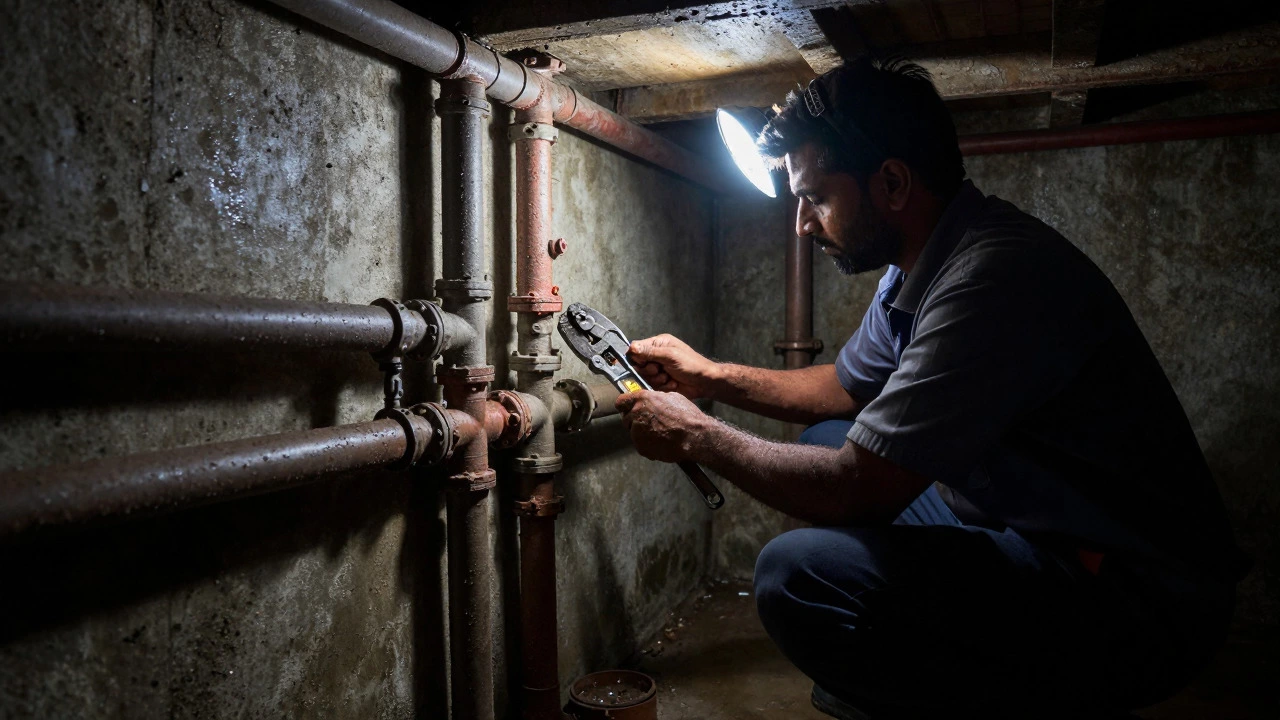 Plumber repairing pipes in a dark, cramped basement space