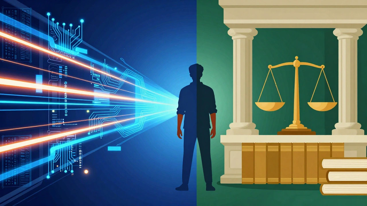 Split illustration showing tech culture on one side and traditional academia on the other