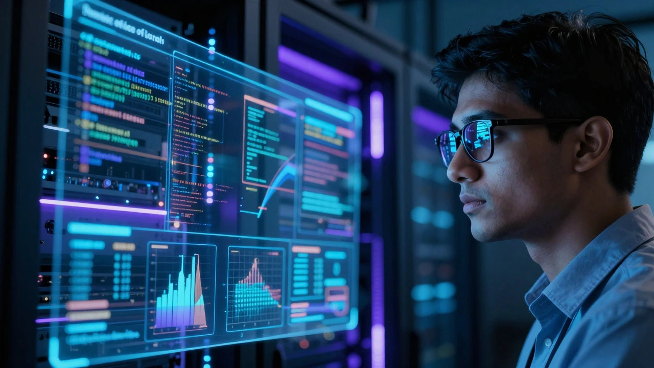 Tech professional analyzing data in a futuristic server room