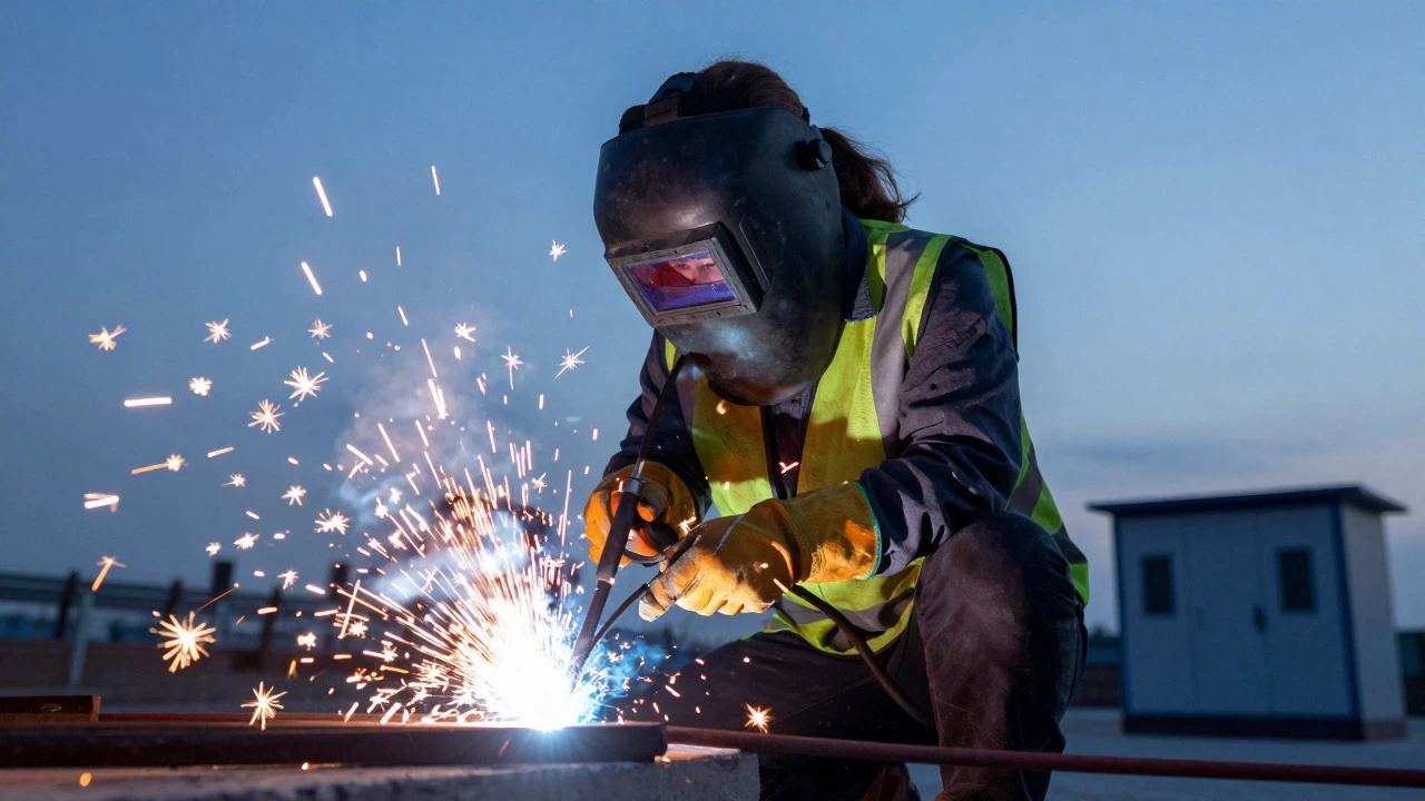 Woman welding at dusk with sparks flying, showing confidence and strength