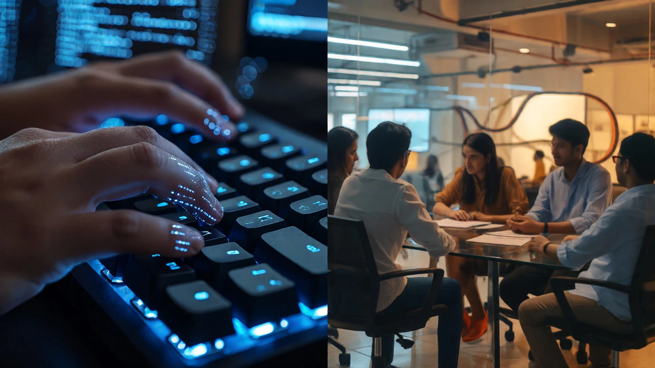 Close-up of hands coding with a blurred tech office background representing IT careers