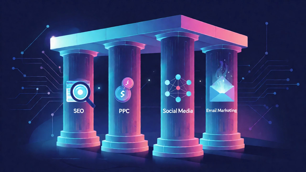 Conceptual illustration of four glowing pillars representing SEO, PPC, Social Media, and Email.