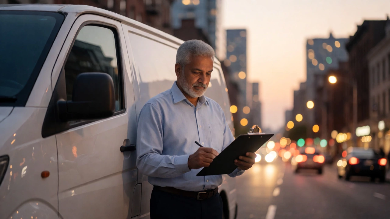 Electrical contractor with service van at dusk