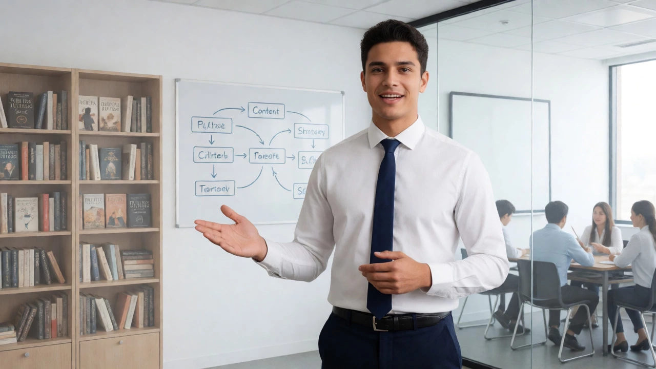Graduate demonstrating communication skills in office