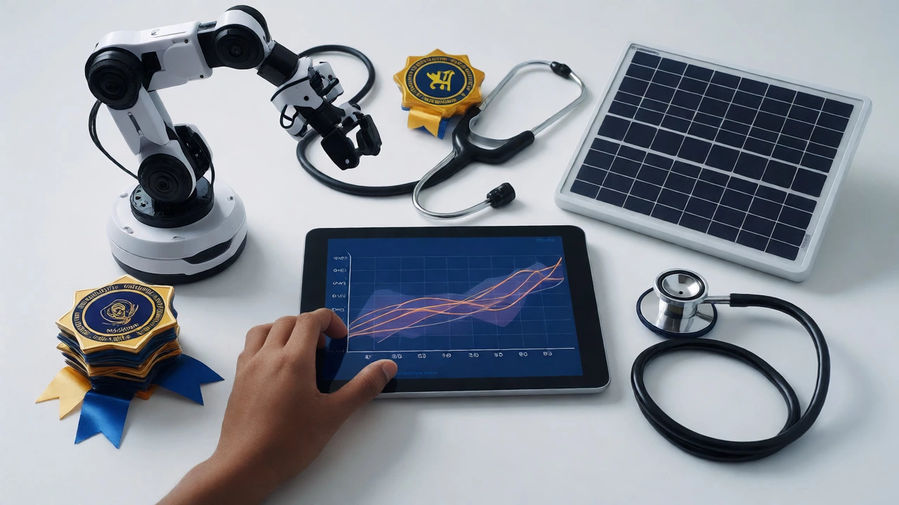 Hand reaching for a tablet amidst symbols of robotics, solar energy, and healthcare
