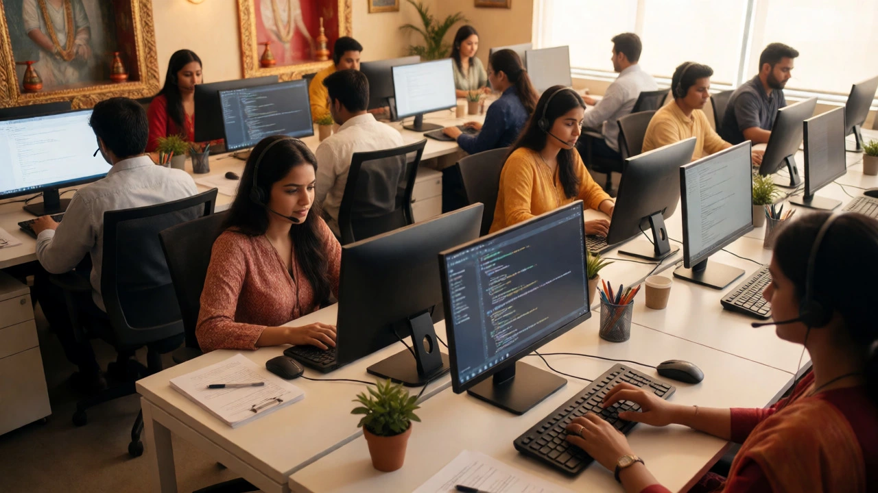 IT professionals collaborating in a bustling global outsourcing office