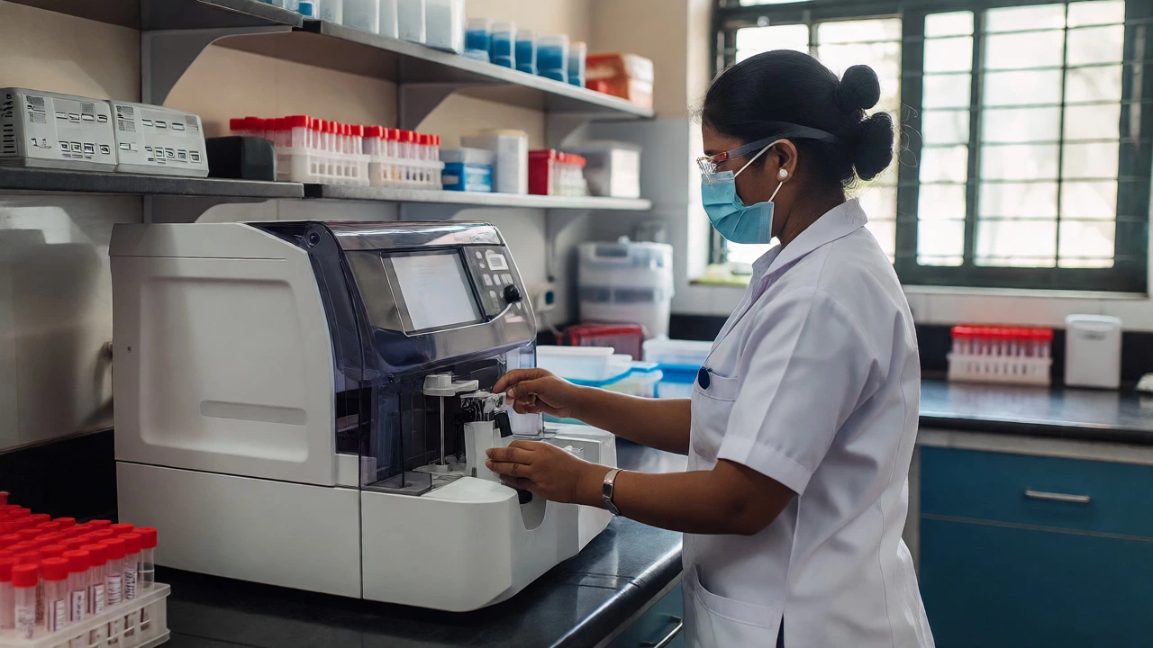 Medical lab technician operating equipment in a diagnostic center