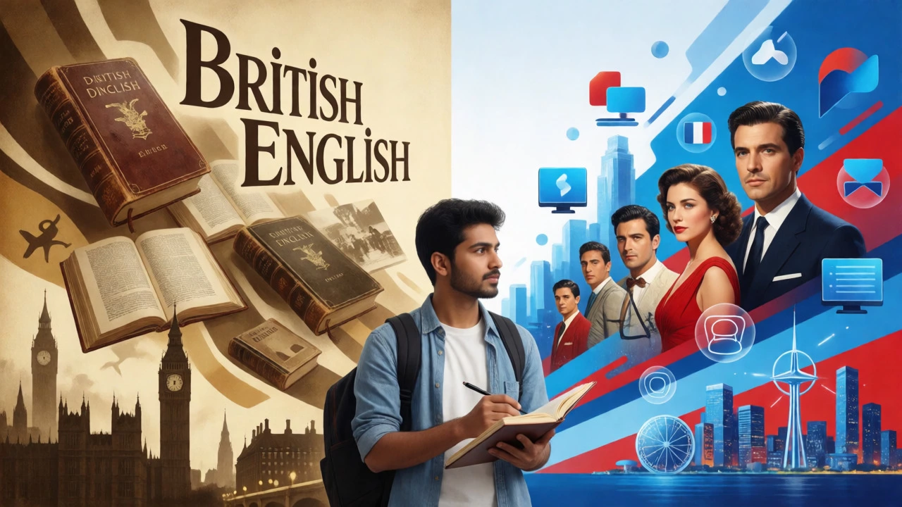 Split view contrasting vintage British and modern American English influences