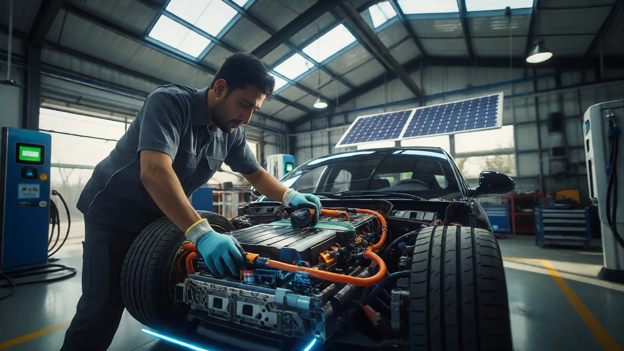 Technician servicing an electric vehicle battery in a workshop