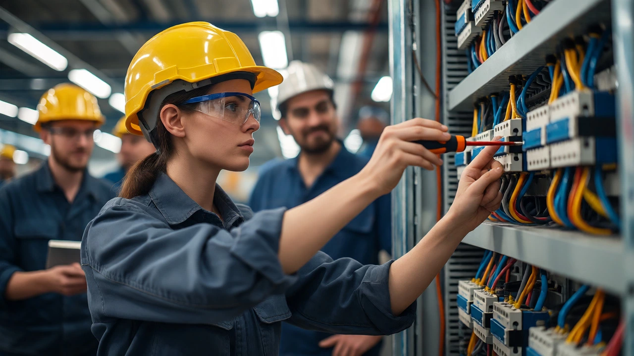 A female electrician works on a panel in a modern vocational training center.