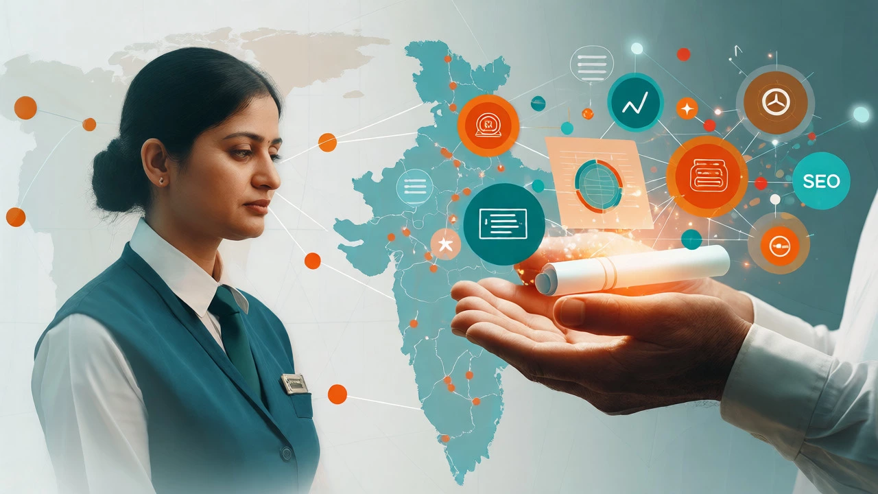 Digital illustration of hands holding a certificate surrounded by tech icons