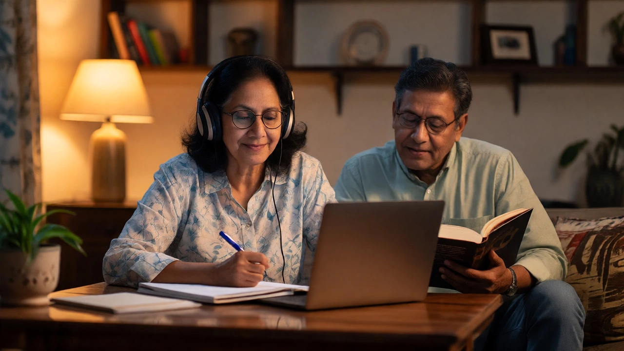 Middle-aged Indian woman studying online courses at home with partner