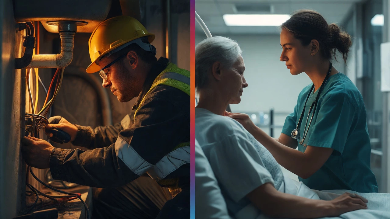Split image contrasting an electrician working physically with a nurse providing care, highlighting different job demands.