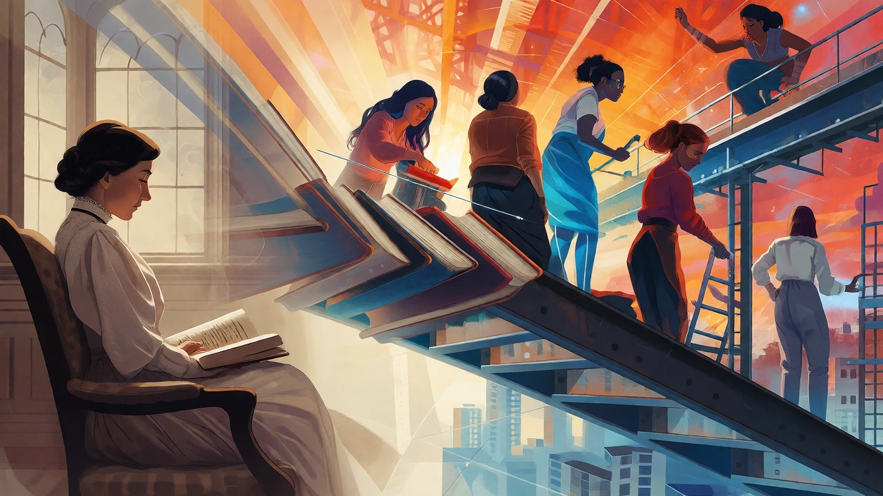 Surreal art bridging historical reading with modern women in skilled trades.